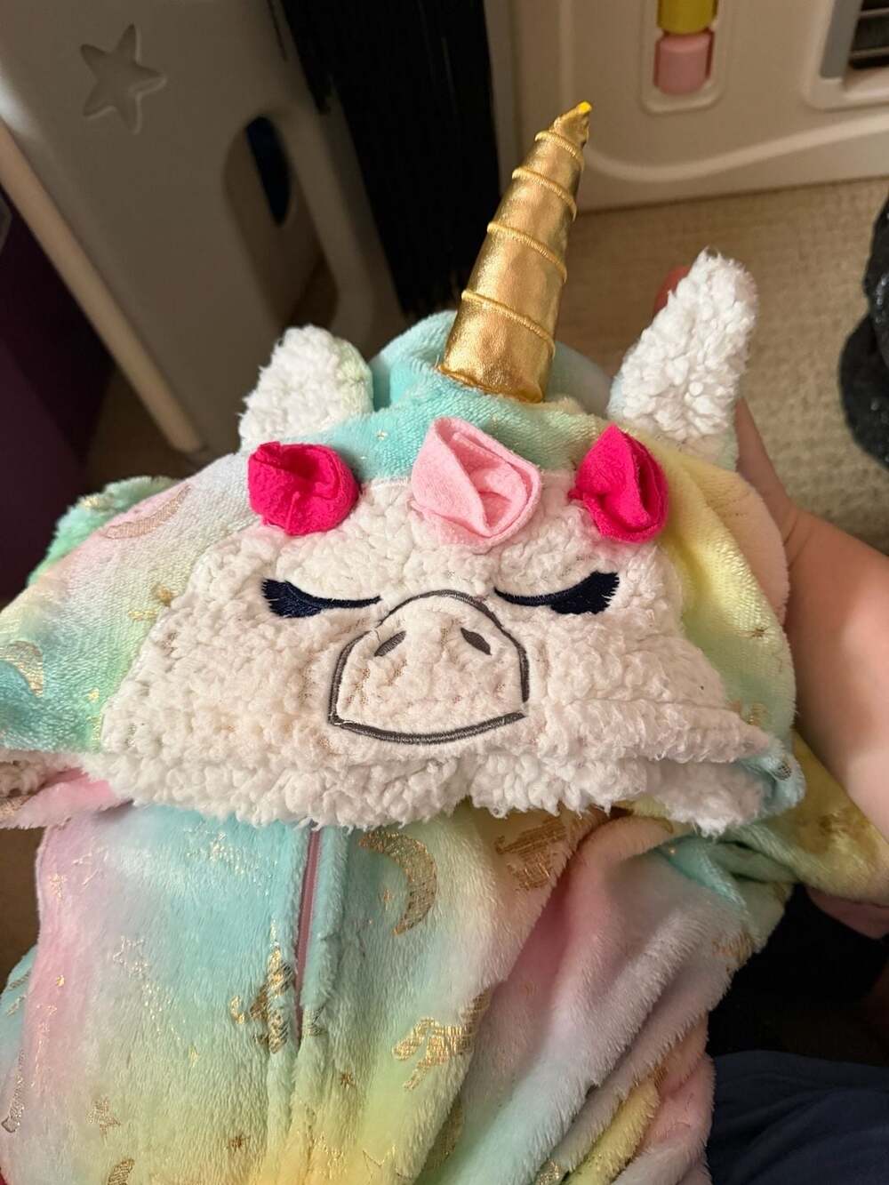 Sleep On It Girls Unicorn Hooded Union Suit Sleeper Pajamas Rainbow Gold Stars